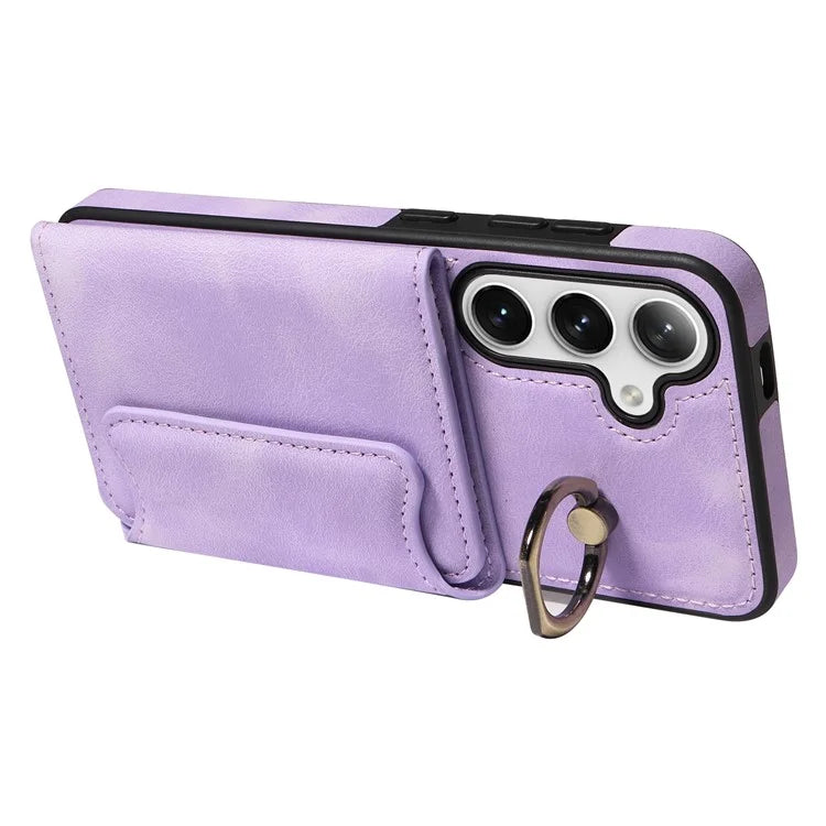 001 For Samsung Galaxy S24+ Case Card Slots Leather + TPU Phone Cover Rotation Ring Kickstand