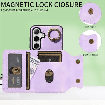 001 For Samsung Galaxy S24+ Case Card Slots Leather + TPU Phone Cover Rotation Ring Kickstand