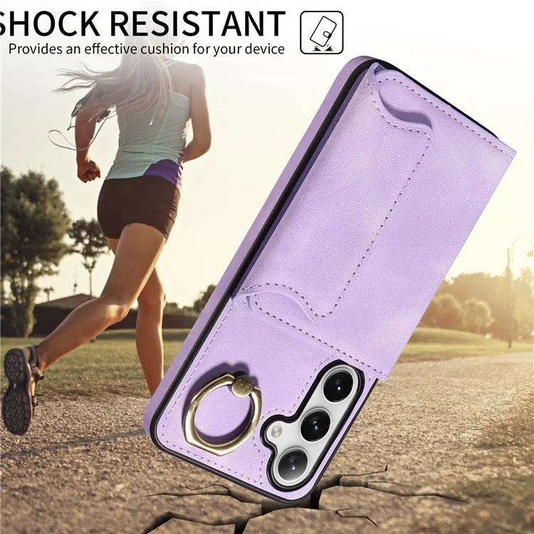 001 For Samsung Galaxy S24+ Case Card Slots Leather + TPU Phone Cover Rotation Ring Kickstand