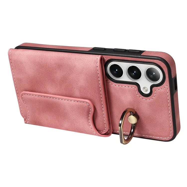 001 For Samsung Galaxy S24+ Case Card Slots Leather + TPU Phone Cover Rotation Ring Kickstand