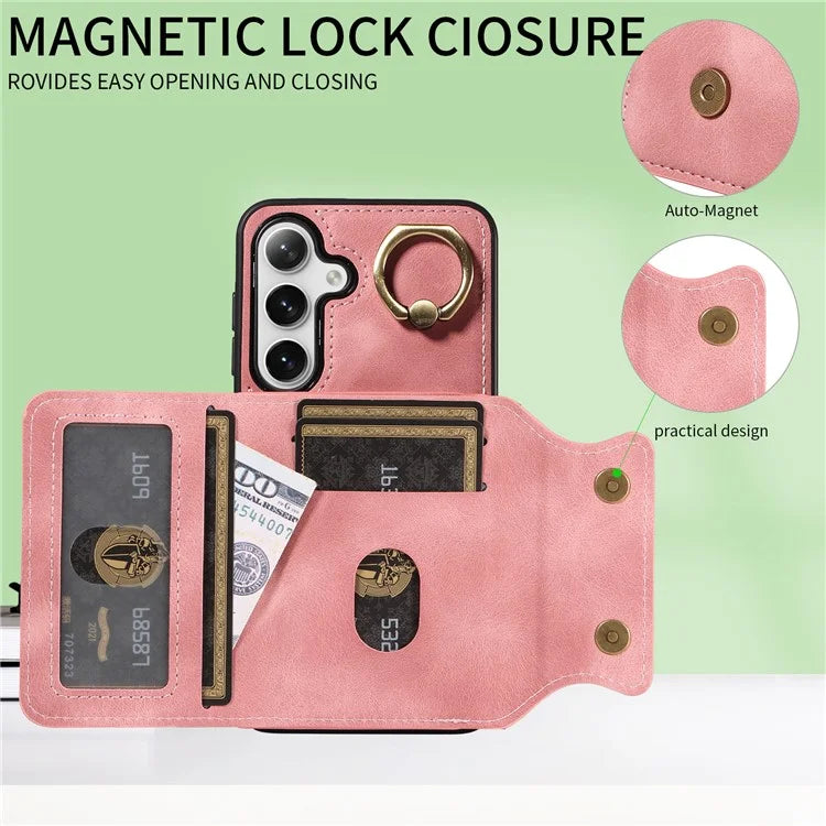 001 For Samsung Galaxy S24+ Case Card Slots Leather + TPU Phone Cover Rotation Ring Kickstand