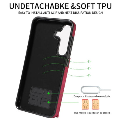 001 For Samsung Galaxy S24+ Case Card Slots Leather + TPU Phone Cover Rotation Ring Kickstand