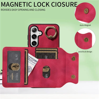 001 For Samsung Galaxy S24+ Case Card Slots Leather + TPU Phone Cover Rotation Ring Kickstand