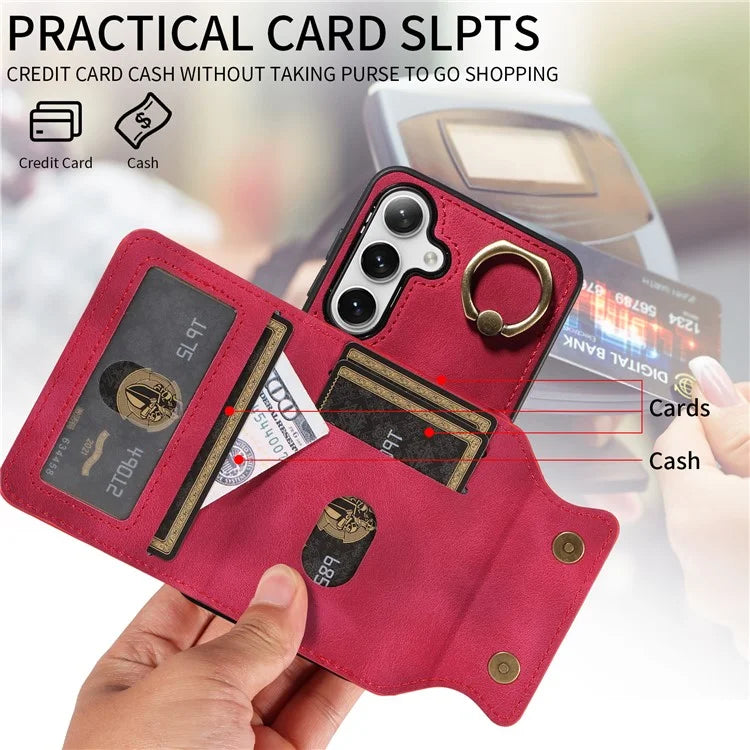 001 For Samsung Galaxy S24+ Case Card Slots Leather + TPU Phone Cover Rotation Ring Kickstand