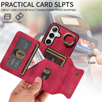 001 For Samsung Galaxy S24+ Case Card Slots Leather + TPU Phone Cover Rotation Ring Kickstand
