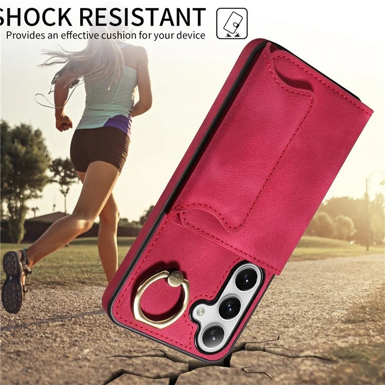 001 For Samsung Galaxy S24+ Case Card Slots Leather + TPU Phone Cover Rotation Ring Kickstand