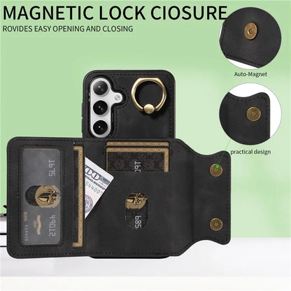 001 For Samsung Galaxy S24+ Case Card Slots Leather + TPU Phone Cover Rotation Ring Kickstand