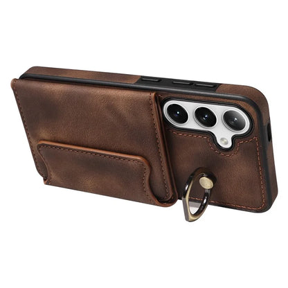 001 For Samsung Galaxy S24 Case Finger Grip Ring Leather Phone Back Cover Card Holder