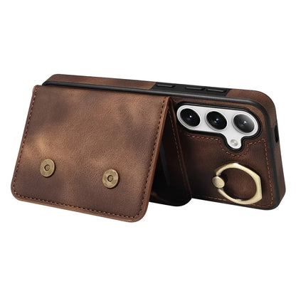 001 For Samsung Galaxy S24 Case Finger Grip Ring Leather Phone Back Cover Card Holder