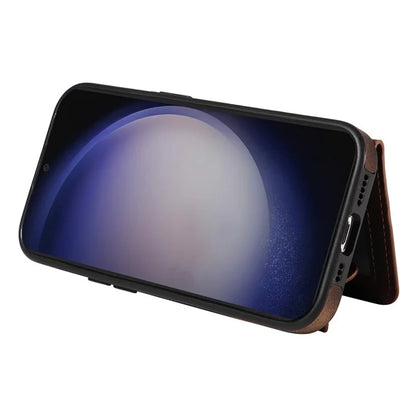 001 For Samsung Galaxy S24 Case Finger Grip Ring Leather Phone Back Cover Card Holder