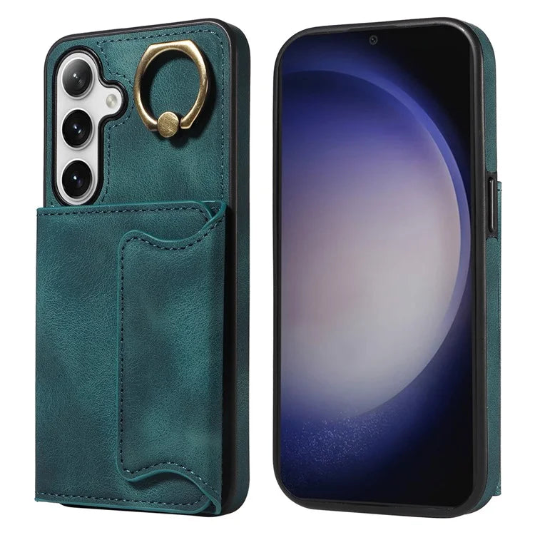 001 For Samsung Galaxy S24 Case Finger Grip Ring Leather Phone Back Cover Card Holder
