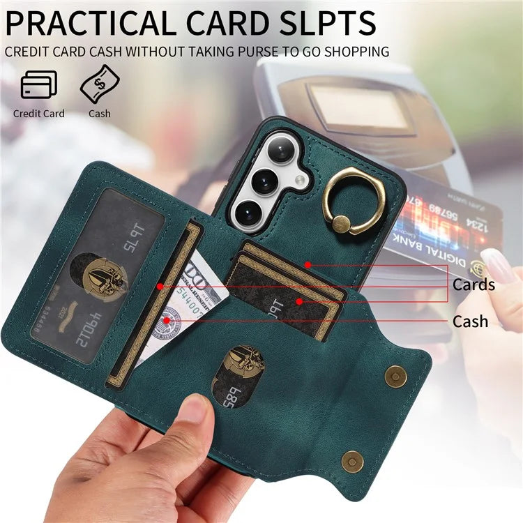001 For Samsung Galaxy S24 Case Finger Grip Ring Leather Phone Back Cover Card Holder