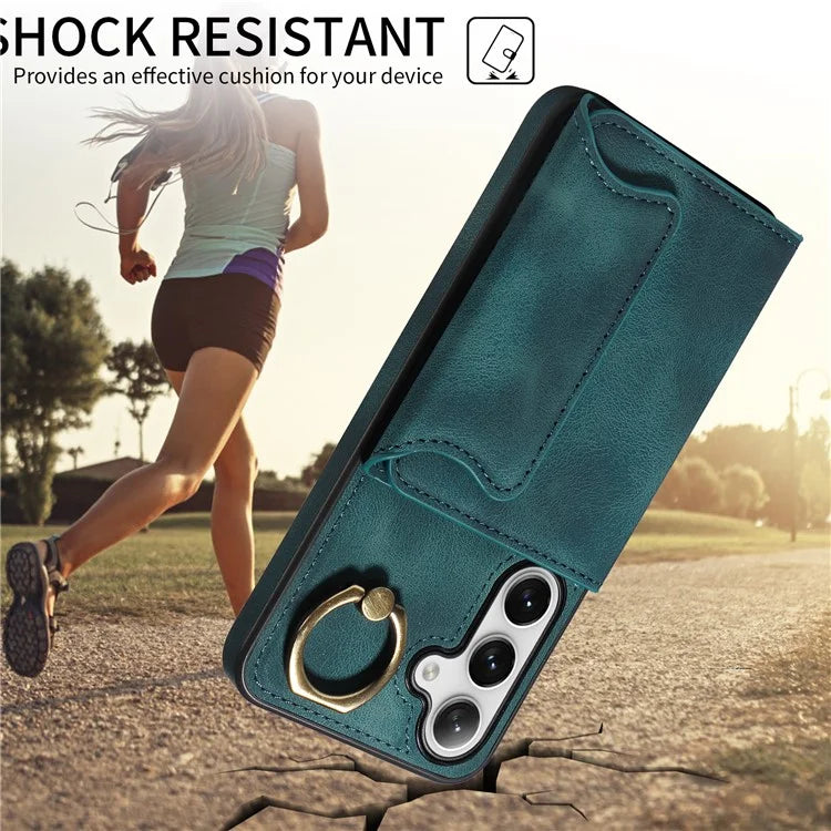 001 For Samsung Galaxy S24 Case Finger Grip Ring Leather Phone Back Cover Card Holder