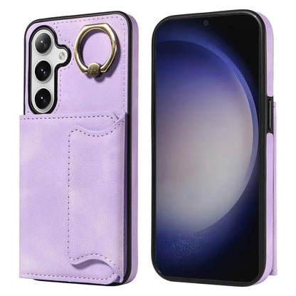001 For Samsung Galaxy S24 Case Finger Grip Ring Leather Phone Back Cover Card Holder