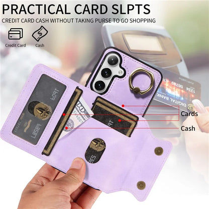 001 For Samsung Galaxy S24 Case Finger Grip Ring Leather Phone Back Cover Card Holder