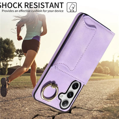 001 For Samsung Galaxy S24 Case Finger Grip Ring Leather Phone Back Cover Card Holder