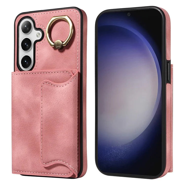 001 For Samsung Galaxy S24 Case Finger Grip Ring Leather Phone Back Cover Card Holder