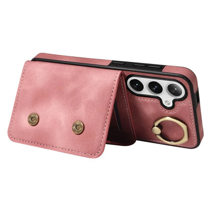 001 For Samsung Galaxy S24 Case Finger Grip Ring Leather Phone Back Cover Card Holder