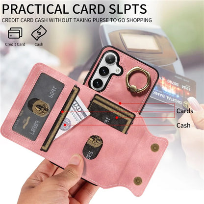 001 For Samsung Galaxy S24 Case Finger Grip Ring Leather Phone Back Cover Card Holder