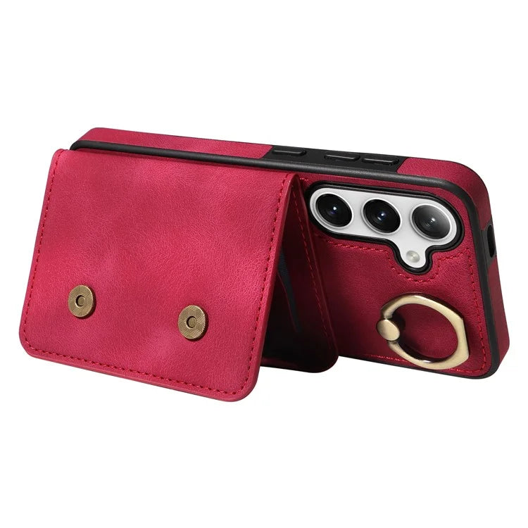 001 For Samsung Galaxy S24 Case Finger Grip Ring Leather Phone Back Cover Card Holder