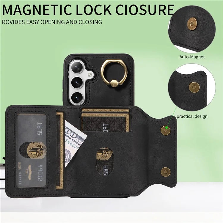 001 For Samsung Galaxy S23 FE Case Rotation Ring PU Leather Magnetic Clasp Phone Back Cover