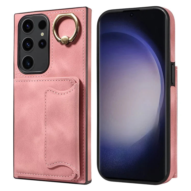001 For Samsung Galaxy S23 Ultra Case Card Slots PU Leather Back Cover Finger Ring Holder