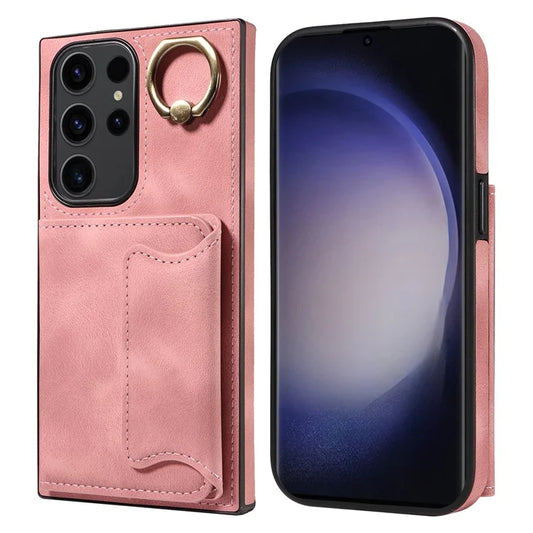001 For Samsung Galaxy S23 Ultra Case Card Slots PU Leather Back Cover Finger Ring Holder