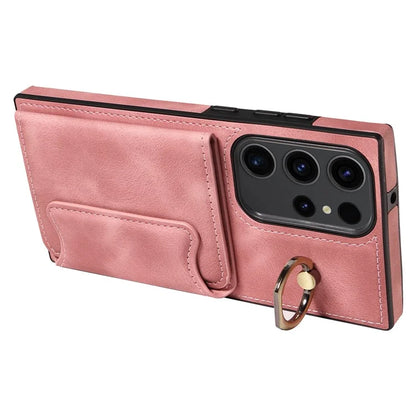 001 For Samsung Galaxy S23 Ultra Case Card Slots PU Leather Back Cover Finger Ring Holder
