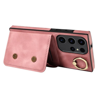 001 For Samsung Galaxy S23 Ultra Case Card Slots PU Leather Back Cover Finger Ring Holder