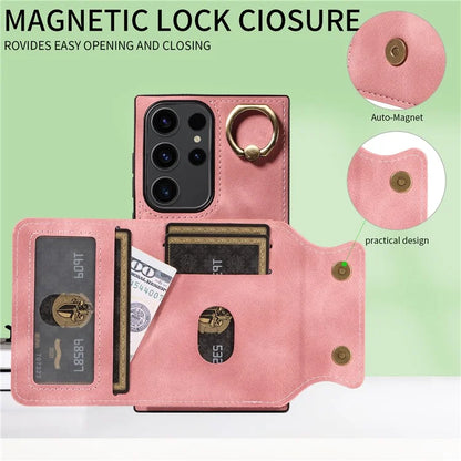 001 For Samsung Galaxy S23 Ultra Case Card Slots PU Leather Back Cover Finger Ring Holder