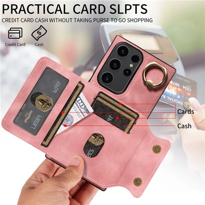 001 For Samsung Galaxy S23 Ultra Case Card Slots PU Leather Back Cover Finger Ring Holder