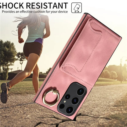 001 For Samsung Galaxy S23 Ultra Case Card Slots PU Leather Back Cover Finger Ring Holder