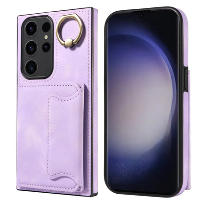 001 For Samsung Galaxy S23 Ultra Case Card Slots PU Leather Back Cover Finger Ring Holder