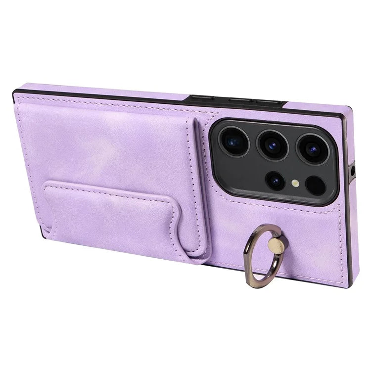 001 For Samsung Galaxy S23 Ultra Case Card Slots PU Leather Back Cover Finger Ring Holder
