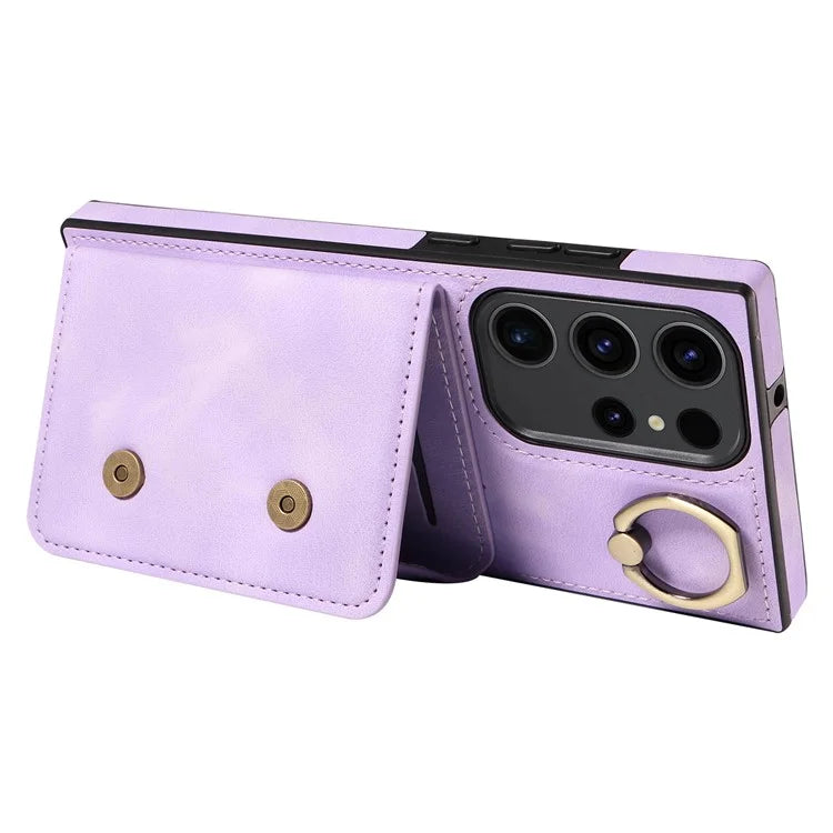 001 For Samsung Galaxy S23 Ultra Case Card Slots PU Leather Back Cover Finger Ring Holder