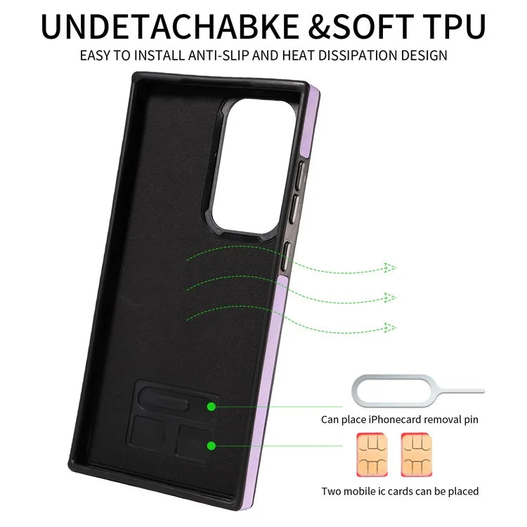 001 For Samsung Galaxy S23 Ultra Case Card Slots PU Leather Back Cover Finger Ring Holder