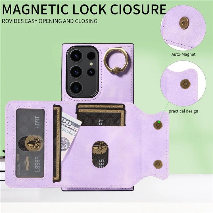 001 For Samsung Galaxy S23 Ultra Case Card Slots PU Leather Back Cover Finger Ring Holder