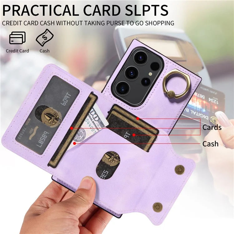 001 For Samsung Galaxy S23 Ultra Case Card Slots PU Leather Back Cover Finger Ring Holder