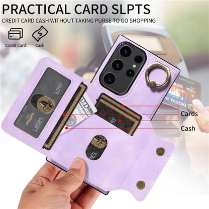 001 For Samsung Galaxy S23 Ultra Case Card Slots PU Leather Back Cover Finger Ring Holder