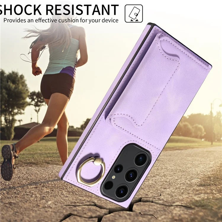 001 For Samsung Galaxy S23 Ultra Case Card Slots PU Leather Back Cover Finger Ring Holder