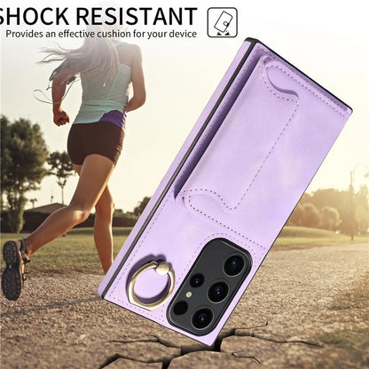 001 For Samsung Galaxy S23 Ultra Case Card Slots PU Leather Back Cover Finger Ring Holder