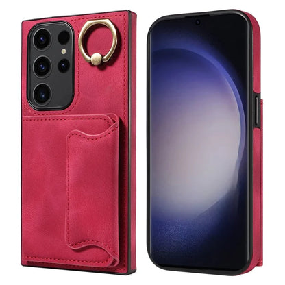 001 For Samsung Galaxy S23 Ultra Case Card Slots PU Leather Back Cover Finger Ring Holder
