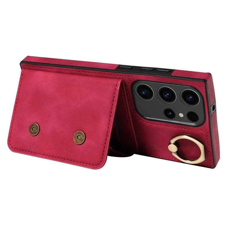 001 For Samsung Galaxy S23 Ultra Case Card Slots PU Leather Back Cover Finger Ring Holder