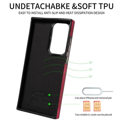 001 For Samsung Galaxy S23 Ultra Case Card Slots PU Leather Back Cover Finger Ring Holder