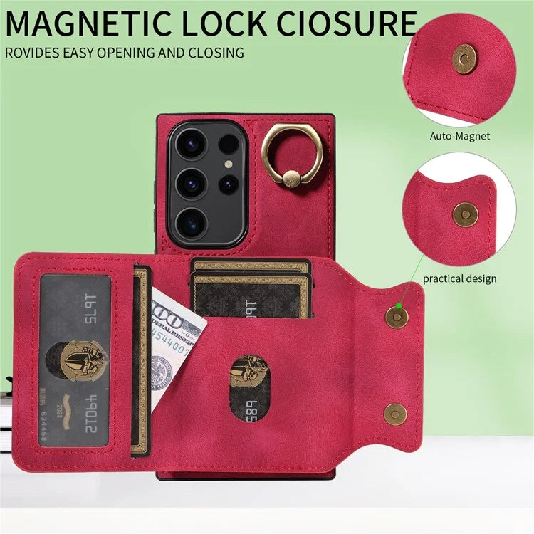 001 For Samsung Galaxy S23 Ultra Case Card Slots PU Leather Back Cover Finger Ring Holder