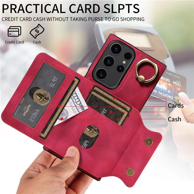 001 For Samsung Galaxy S23 Ultra Case Card Slots PU Leather Back Cover Finger Ring Holder