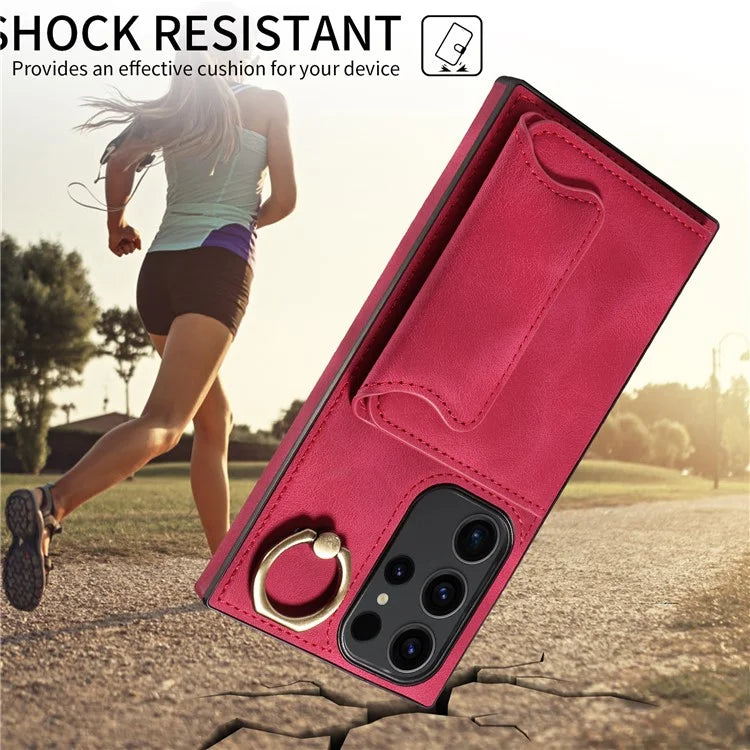 001 For Samsung Galaxy S23 Ultra Case Card Slots PU Leather Back Cover Finger Ring Holder