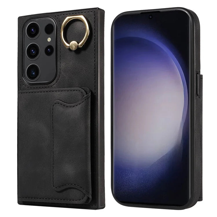 001 For Samsung Galaxy S23 Ultra Case Card Slots PU Leather Back Cover Finger Ring Holder