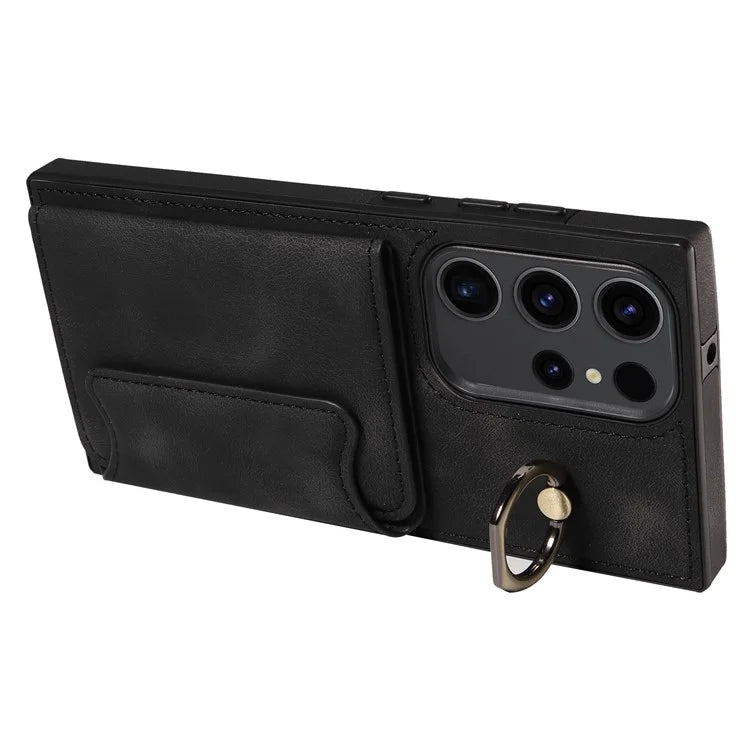 001 For Samsung Galaxy S23 Ultra Case Card Slots PU Leather Back Cover Finger Ring Holder