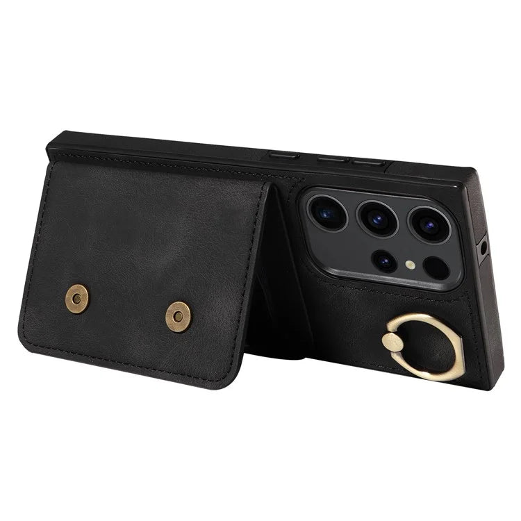 001 For Samsung Galaxy S23 Ultra Case Card Slots PU Leather Back Cover Finger Ring Holder